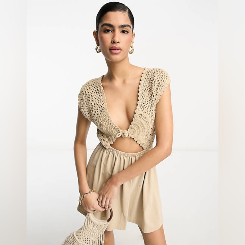 ASOS DESIGN Crochet Mix Mini Dress with Tie Detail size 8